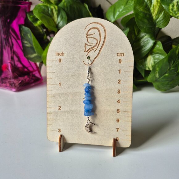 Blue Quartz Crystal and Moon Dangle Earrings - Picture 3 of 5